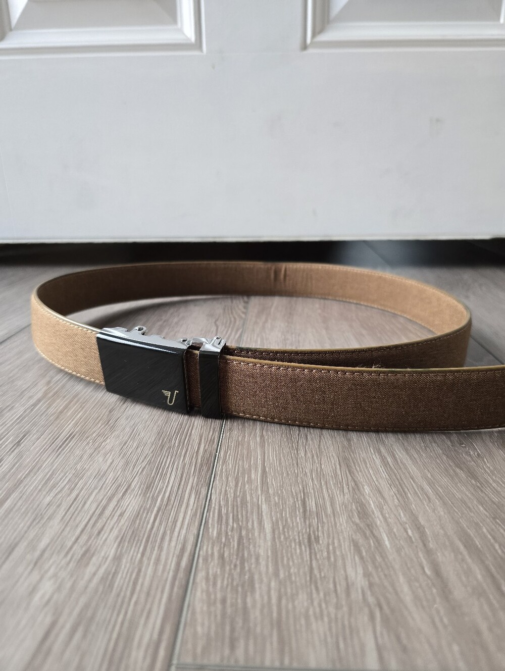 Mission Belt Mens Tan Canvas Ratchet Belt Black Buckle No Holes Adjustable
